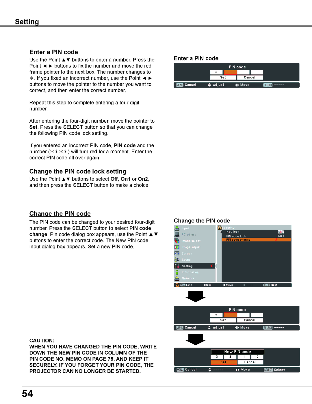 Elmo CRP-26 owner manual Change the PIN code lock setting, Enter a PIN code Change the PIN code 